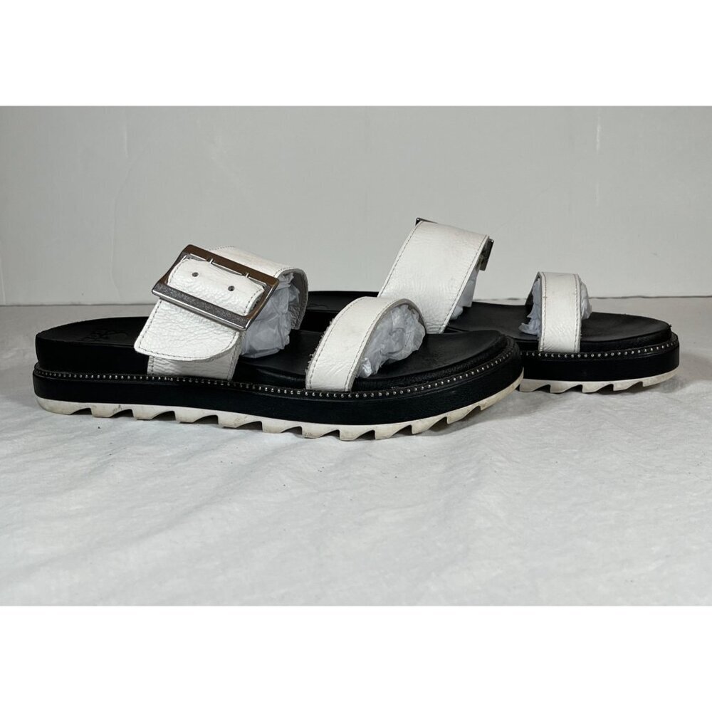Sorel White Leather Roaming Slide Sandals Black Footbed Size 9